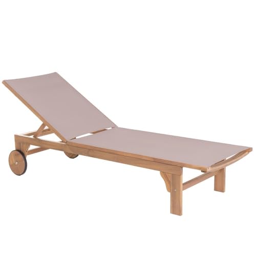 LOLAhome - Tumbona de Jardín y Exterior Nina de Madera de Acacia y textileno Topo, Reclinable y con Ruedas, de 200x65 cm, Lujo y Confort