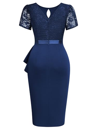 Image of Miusol Women's Elegant Scoop Neck Puff Sleeve Floral Lace Ruffle Style Cocktail Party Dress