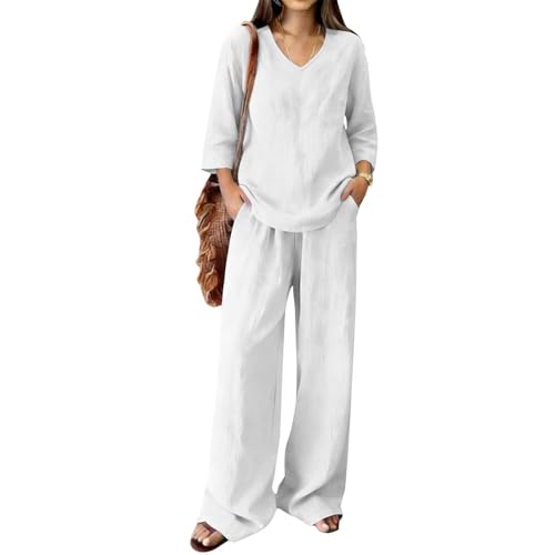 Conjunto de lino de mujer con blusa elástica y pantalón de pierna ancha de alta caída 4