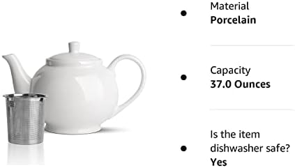 ComSaf Porcelain Teapot with Removable Infuser & Lid 1100ml(4-5 Cups), Large Tea Pot with Stainless Steel Fine Mesh Infuser, Ceramic Tea Maker with Strainer for Loose Leaf Tea or Bags, White