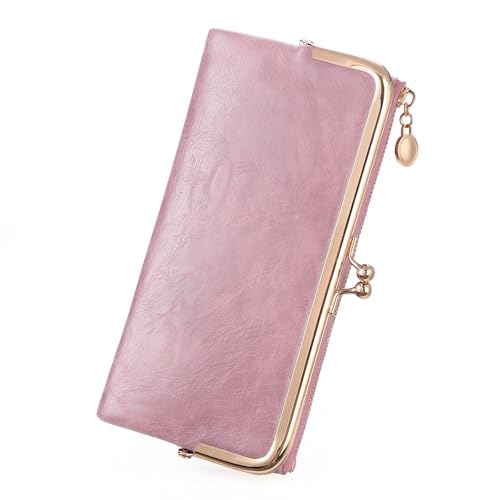 Image of GOIACII Womens Wallet Kiss Lock Bifold Leather Wallets for Women Pink | Vintage Wallet for Women,Ladies Clutch Purse,Women's Card Holder Wallet with Zipper
