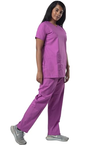 Image of UNIFORM CRAFT Women's 4 Pocket Scrub Suit Set | Medical Uniform | Cross V-Neck Poly Cotton | Short Sleeve Hospital Wear | Ideal for Doctors & Nurses (Lilac, 3XL)