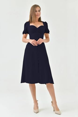 Image of Shasmi Girl's & Women's Solid Midi Dress - Elegant Square Neck Button-Down Dress with Puff Short Sleeves | Stylish Casual & Party & Office Wear Outfit (Dress 105)
