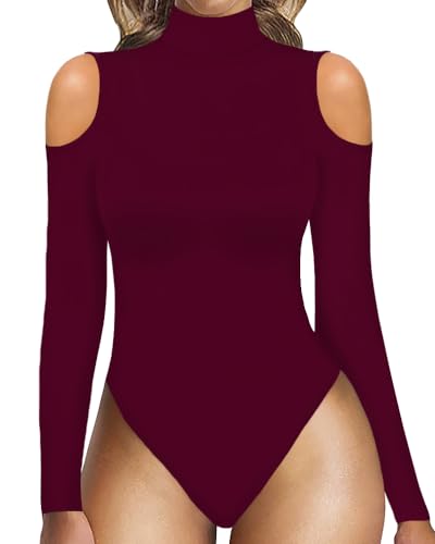 Image of MANGOPOP Long Sleeve Body Suits Mock Turtleneck Sexy Cold Shoulder Cutout Going Out Tops, Burgundy, X-Large