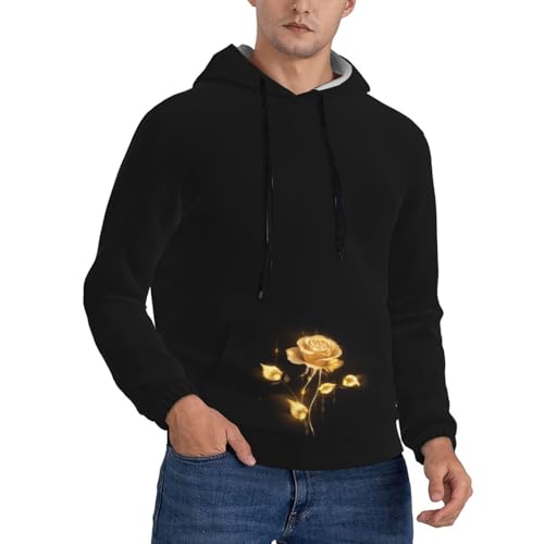 Men'S Hoodies Pullover Gold Rose Floral Print Hooded Sweatshirt Long Sleeve Hoodie Casual Tops With Pocket