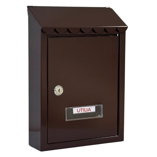 UTILIA Cassetta Postale Capri cm. 21x6x30 h, Porta Lettere in Lamiera Verniciata con Tetto, Feritoia Superiore Posteriore, Cassetta della Posta da Esterno con Serratura a Cilindro, 2 Chiavi (Marrone)