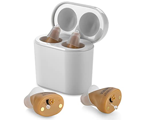Smart R 102S Digital Hearing Amplifier - Personal Sound Device with Noise Reduction - Lightweight Rechargeable Invisible ITE Device with Charging Case Help Aid Seniors and Adults