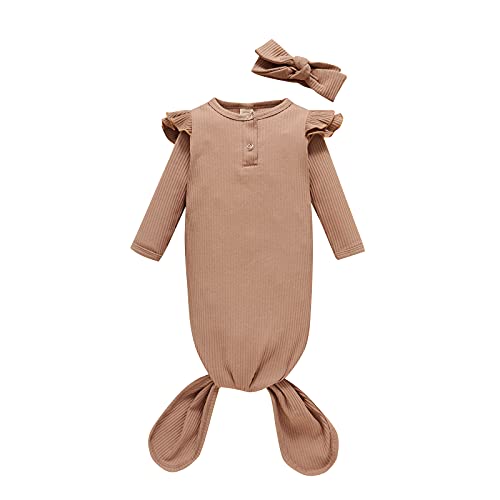 Image of Twopumpkin Baby Girl Boy Coming Home Knotted Gown Unisex Newborn Infant Sleep Onesie Outfit Cute Baby Winter Pajamas (E Ruffle Ribbed Coffee, 0-3 Months)