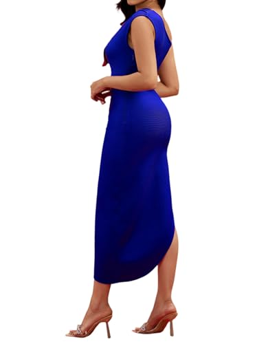 UONBOX Women's Ruched Bodycon Dress One Shoulder Slit Party Cocktail Midi Bandage Dress2