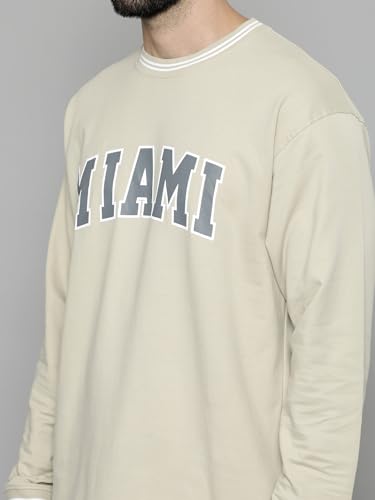 Image of Maniac Mens Miami Printed Round Neck Beige Fullsleeve Cotton Oversized T-Shirt