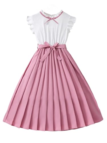 SHENHE Girl's Pleated Dress Ruffle Short Sleeve A Line Cute Bow Belted Swing Midi Dress