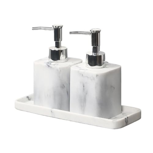 SBCGFY Dispensador de jabón de Manos con Elegante Textura de mármol, Juego de 2 dispensadores de jabón de Resina y 1 Bandeja, Accesorio de baño, Negro, 380 ml(Blanco 380ml)