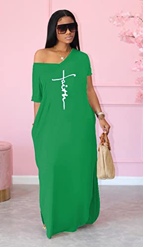 Image of Women Summer V Neck Loose Side Split Maxi Dresses with Pocket