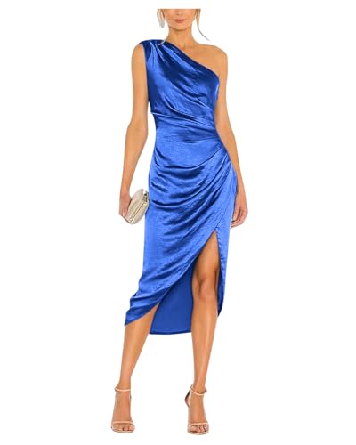 Image of Satin Bridesmaid Dresses for Women One Shoulder Prom Dress Pleated Midi Formal Cocktail Gown Wedding Guest Dress with Slit