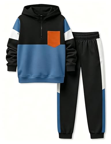 Image of Boys Clothes Long Sleeve Color-blocked Hoodie Top and Pants 2PCS Winter Sweatsuits Fall Boys Outfits 2-8 Years