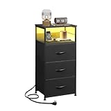 WLIVE LED Nightstand with Charging Station, Black Night Stand with 3 Fabric Drawers and Storage Shelf, Small Dresser for Small Space, 31.9' H Bedside Table with USB Ports and Outlets for Bedroom