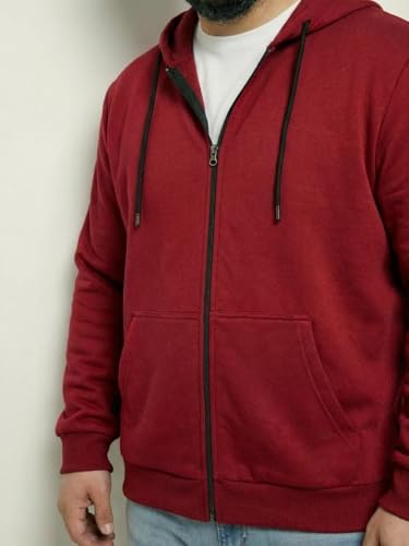 Image of UNSTD Men Solid Maroon Zip-Up Hoodie | Full Sleeve Hooded Sweatshirt with Kangaroo Pockets | Casual Winter Wear for Men