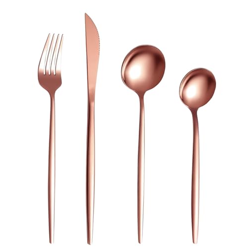Image of aDai Rosegold Silverware Set | Satin Finish 4-Piece Stainless Steel Flatware Set | Dishwasher Safe Cutlery for Home, Restaurant & Gifting