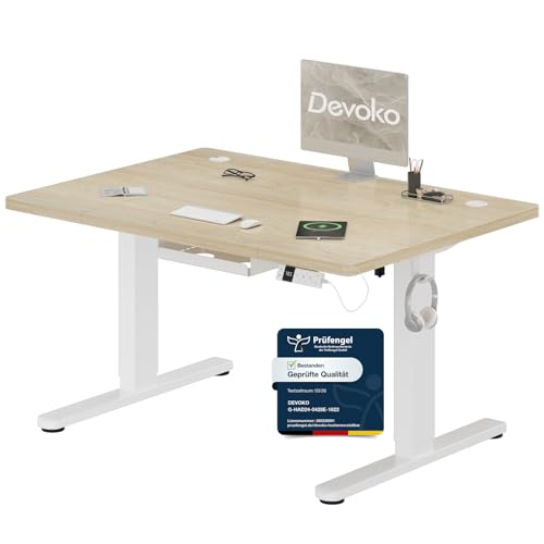 Devoko Höhenverstellbarer Schreibtisch 120x80cm mit Typ-C Ladeanschluss, Schreibtisch Höhenverstellbar Elektrisch, Mobiler Elektrisch Computertisch mit Kabel Management Tray, Eiche