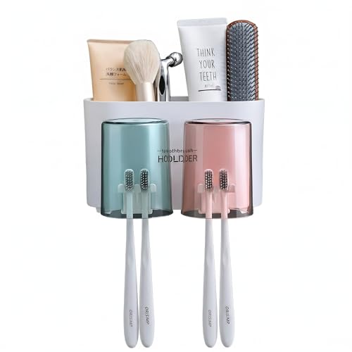 Image of Wall Mounted Toothbrush Holder for Bathroom with 2 Cups | Dustproof Toothbrush Organizer Stand | BPA-Free Bathroom Storage Shelf for Toothbrush, Toothpaste, Comb & Razor | Self Adhesive