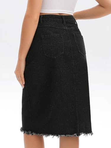 Women's Denim Skirt Knee Length Raw Hem Button Down Pencil Skirts4