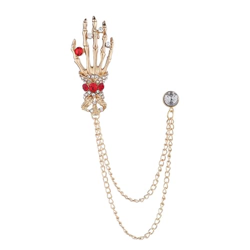 Image of Gothic Halloween Skull Hand Brooch Pin for Women Men Punk Vintage Crystal Skeleton Tassel Chain Lapel Pins Dark Skull Brooches Sweater Suit Accessory