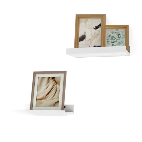 Image of Small White Floating Shelves for Wall, Shelf with Lip Set of 2, 8 in | Mini Display Ledge Shelf for Wall Decor, Wall Mounted Wood Shelves for Bedroom, Bathroom, Living Room, Kitchen, Nursery Room