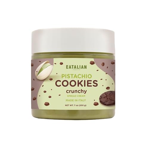 Image of EATALIAN by AMZ BETTER Pistachio Cream with Sweet Crunchy Cookies, 7 oz /200 gr, Delicious Spread with a Uniquely Sweet Taste, Ideal on Bread, Excellent for Dubai Chocolate, Made in Italy