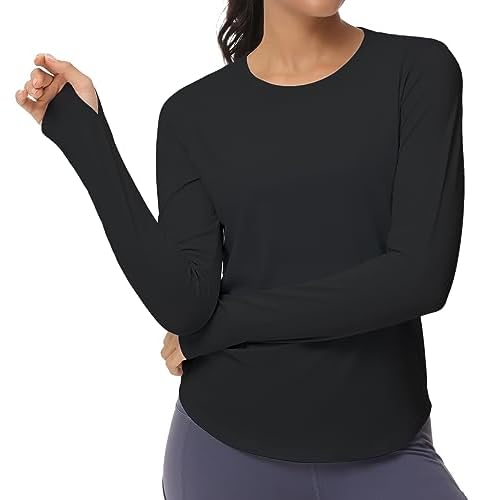 THE GYM PEOPLE Women's Long Sleeve Workout Shirts Athletic Crewneck Hiking Tops with Thumb Hole X-Small Black