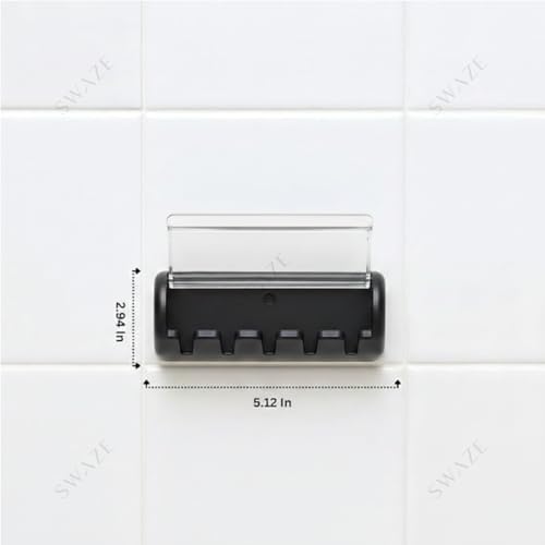 Image of Swaze Plastic Toothbrush Holder with Antibacterial Cover for Bathroom | 5-Slots Wall Mounted Toothbrush Holder with self Adhesive & Screw Options | Bathroom Organizer (Matte Black)