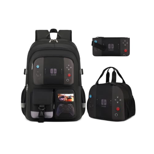 Image of 3PCS Boys Backpack for School Kids Schoolbag Teens Book Bag | Teen Boys Elementary Middle School Backpack College Student Bookbag with lunch box Children Waterproof Laptop Bag Black