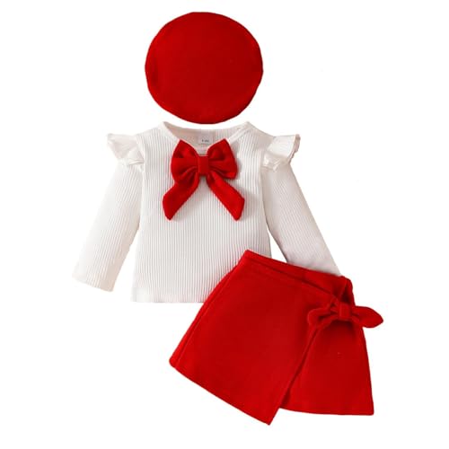 LUVCES Ensemble Jupe Bébé Fille Manches Longues à Volants Tricoté Tops à Nœud Papillon + Elegante Mini Jupe + Béret 3Pcs Automne Hiver Vêtements Tenues Rouge 18-24 Mois