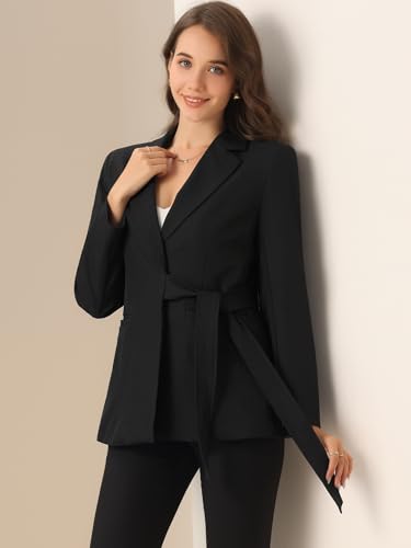 Allegra K Casual Belted Blazer for Women's Lapel Long Sleeve Work Office Wrap Blazer Jackets4