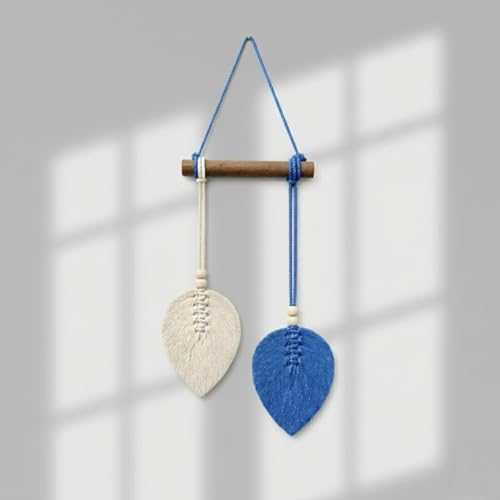 Image of AdFashionble Boho Macrame Wall Hanging Leaf Decor for Home, Living Room & Bedroom | Cotton Thread Art with Wooden Rod | Minimalist Handmade Wall Decoration | Aesthetic Nordic Wall Art for Home, Office & Gift Purpose Lenght- 58 cm Width- 15 cm (ROYAL BLUE & OFFWHITE)