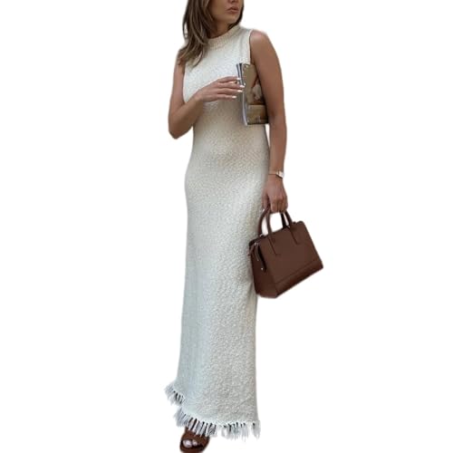 Womens Sexy Fringe Dress Crew Neck Sleeveless Bodycon Knit Long Dresses Casual Party Club Long Dresses