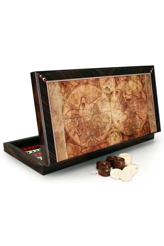 Unique Design Backgammon Set, World Map Themed Wood Backgammon Game Set, 19 Inches, Dark Brown, Made in Turkey
