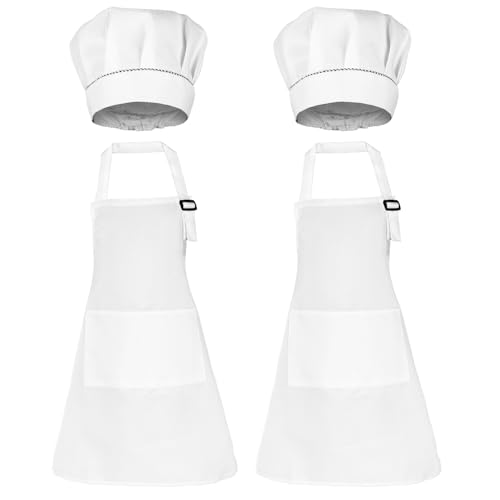 2 Pack Kids Apron and Hat Chef Kids Apron and Chef Hat Costume Adjustable Kitchen Apron with 2 Pockets for Cooking Baking Painting