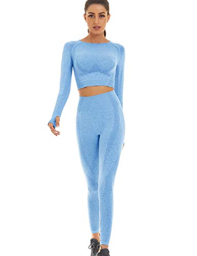 Toplook Women Seamless Workout Outfits Athletic Set Leggings + Long Sleeve Top (Ligth Blue, Medium)