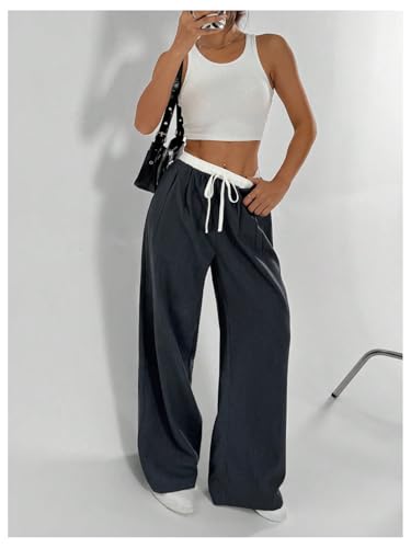 MakeMeChic Women's Elastic Waist Drawstring Colorblock Y2k Baggy Pants Wide Leg Loose Trousers4