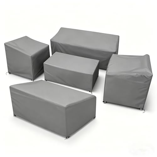 Image of STARTWO Patio Furniture Cover Set, 5 Piece Outdoor Furniture Cover Waterproof, 600D Heavy Duty Lawn Patio Set Covers for Chairs, Loveseat and Coffee Table (Grey)
