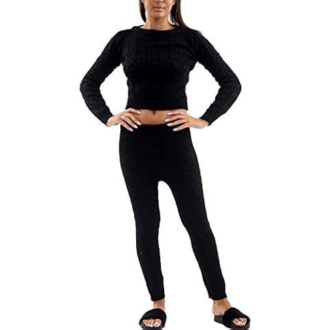 Q38 Cable Knit Loungewear Set Tee & Leggings Co-Ord Tracksuit (Black, L (UK 12)) Cover