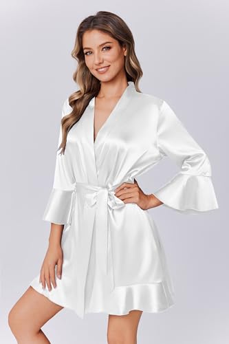 Ekouaer Women's Satin Robe Short Ruffle Hem Silky Robes Lightweight Kimono Brides Bathrobes Sleepwear XS-XXL2