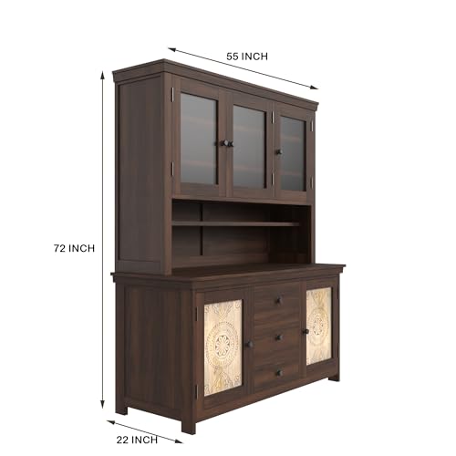 Image of ANGEL FURNITURE Sheesham Wood Kitchen Cabinet, 72 inch Height, Glass Doors, 3 Drawers, Mandala Design, Natural Brown (Walnut Finish)