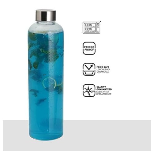 Image of SIMPARTE Borosilicate Glass Water Bottle 1000ml | Leak-Proof, Freezer Safe, Wide Mouth | Stainless Steel Cap | Perfect for Office, School, Travel | Set of 1