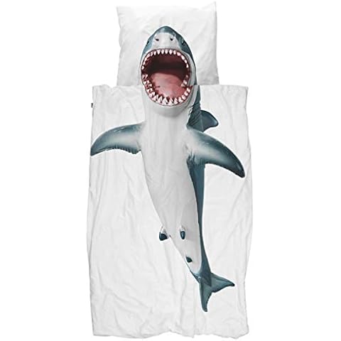 Snurk Bettwäsche Hai Blau Weiß Shark Kinder Meerestier Meer Fisch Flosse Zähne Wasser Baumwolle Perkal 135 cm x 200 cm Cover