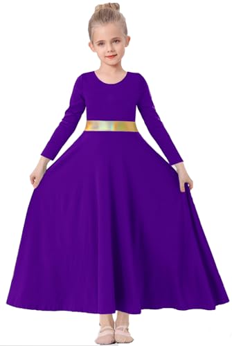 ORIDOOR Girls Praise Dance Dress Metallic Gold Liturgical Worship Church Robe Full Length Swing Lyrical Costume 02-Purple Tag120