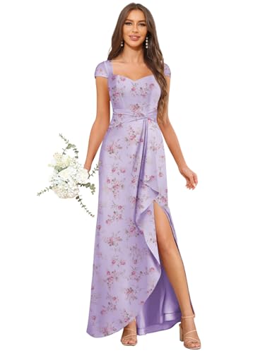 Long Chiffon Bridesmaid Dresses with Sleeves Floral Ruffle Formal Evening Gown with Slit