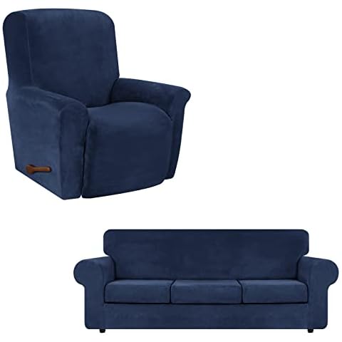 WEERRW 4 Pieces Velvet High Stretch Couch Covers for 3 Cushion Couch Sofa Slipcovers Bundle 1 Piece Velvet High Stretch Recliner Chair Cover Cover