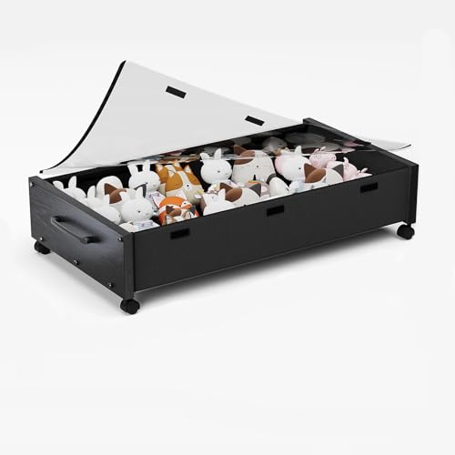 Under Bed Storage with Wheels, Under Bed Shoe Storage, Under the Bed Storage Drawers with Remove Window, Extra Large Rolling Under Bed Storage Metal Drawer for Clothes (Black Wood-1pack)