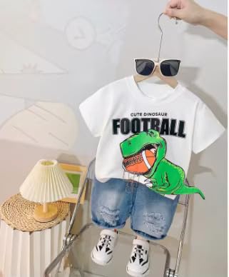 Image of Bold N Elegant Kids Dinosaur Football Cotton Half Sleeve T-Shirt with Denim Shorts Set for Infant Toddler Baby Boys Girls